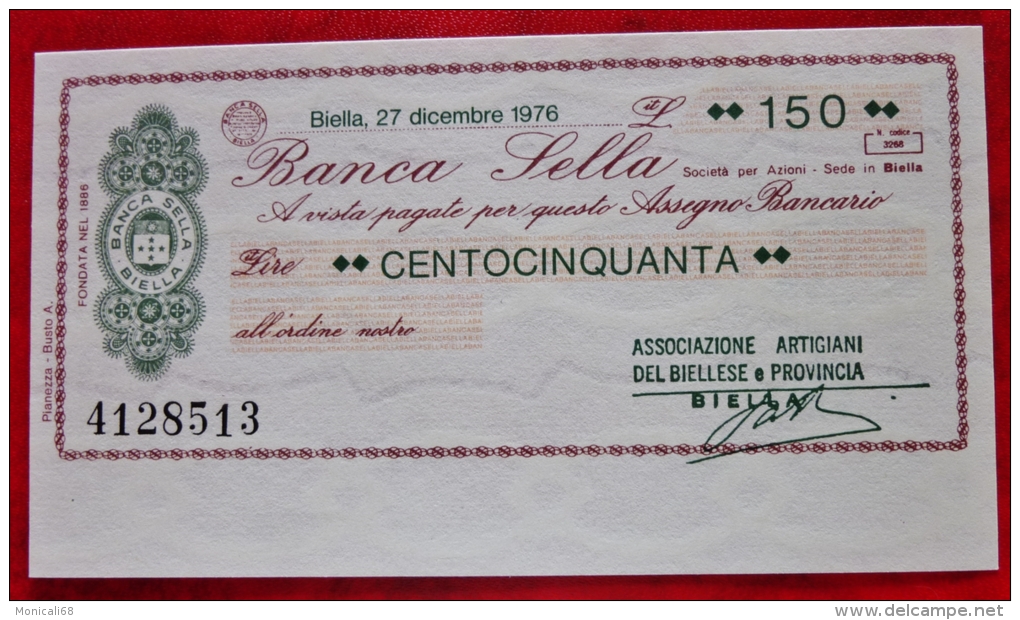 Raro Miniassegni Banca Sella 27.12.76  LIT.150 Associazione Artigiani Biella - [10] Cheques Y Mini-cheques