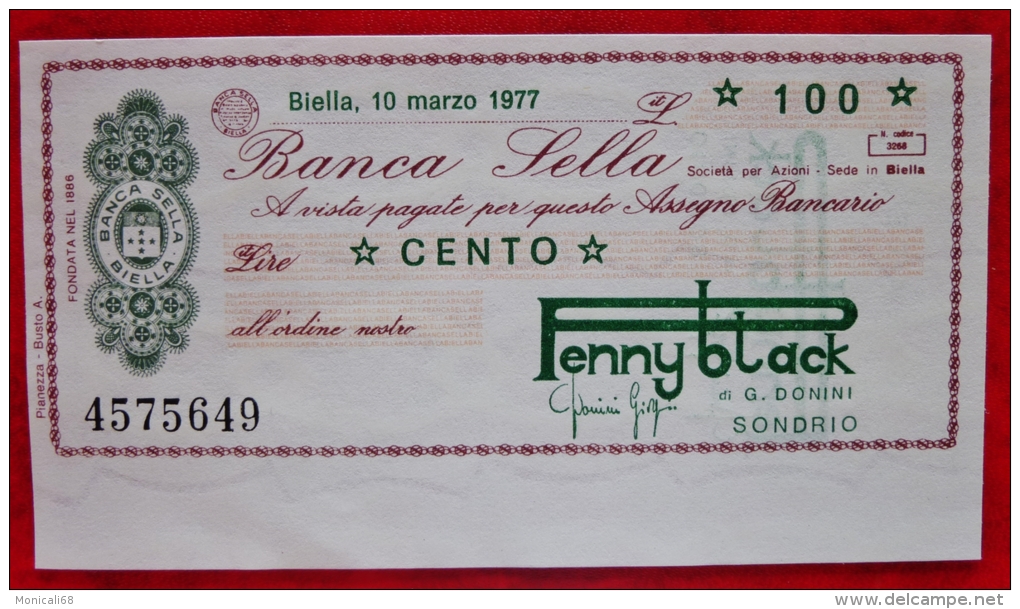 Raro Miniassegni Banca Sella 10.03.77  LIT.100 PennyBlack G. Donini  Sondrio - [10] Cheques Y Mini-cheques