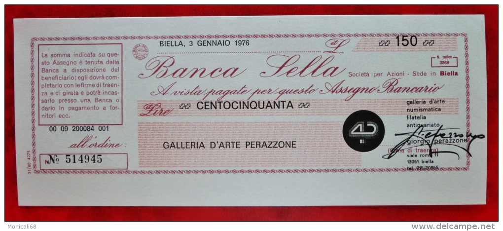 Raro Miniassegni Banca Sella Formato Lungo 10.03.77  LIT.400  Galleria D' Arte Perazzone Biella - [10] Checks And Mini-checks