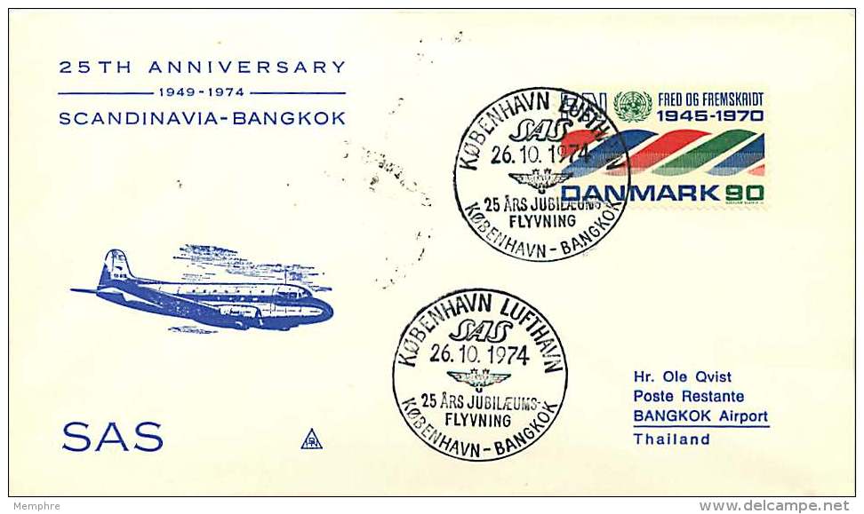 1974  25è Ann Du Service  SAS Copenhague  - Bangkok - Posta Aerea