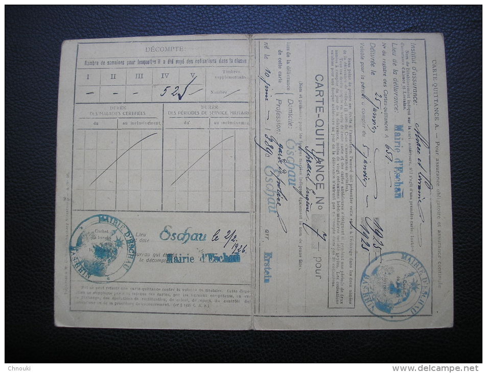 Fiscaux Socio-postaux Alsace Lorraine - Yvert 69 - Papier Blanc Et GC - 1925 - ESCHAU - Autres & Non Classés