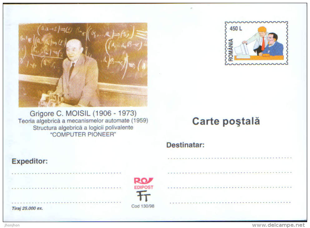 Romania-Postal Stationery Postcard Unused 1998-Grigore Moisil,Father Romanian Computer - Informática