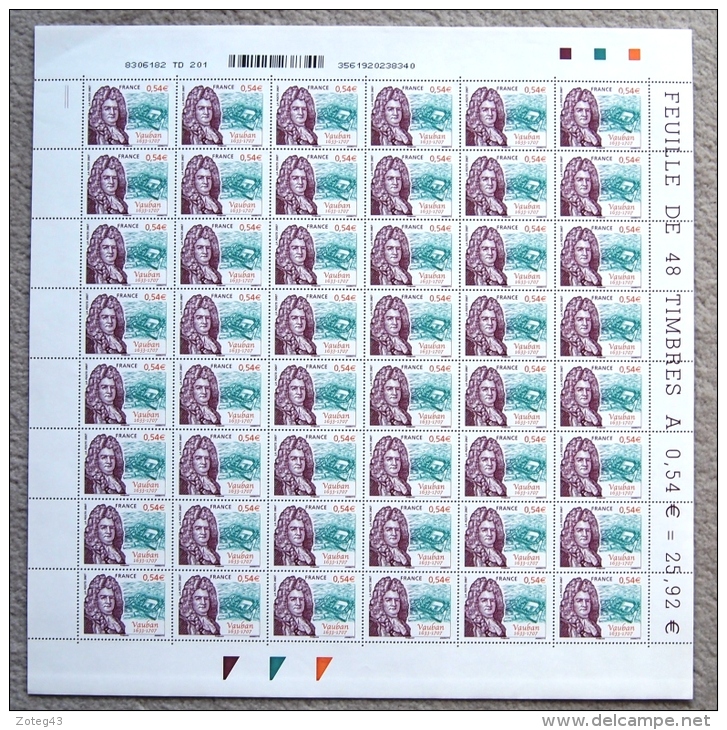 FRANCE 2007 FEUILLE COMPETE VAUBAN YT 4031 ** ; 48 TIMBRES - Full Sheets