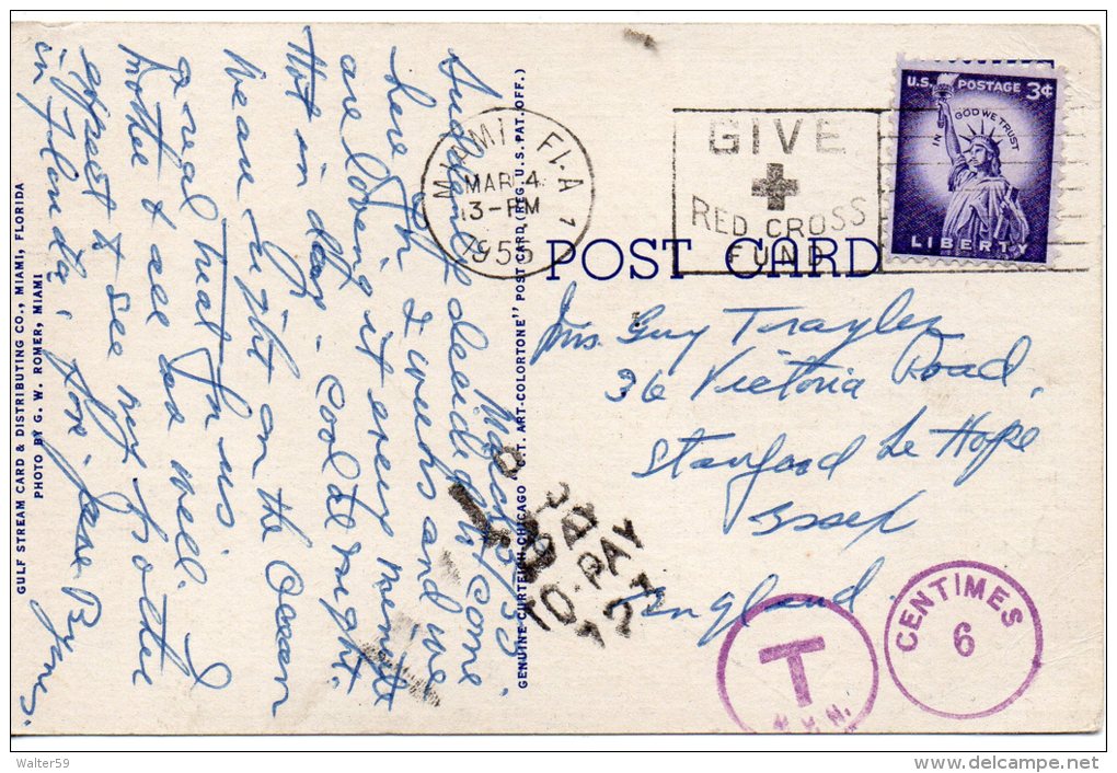 1955 USA United States Postcard Miami Sent To UK Taxed SLOGAN 2scans - Covers & Documents