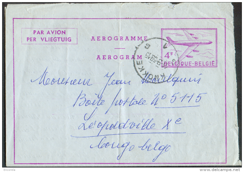 Aerogramme 4Fr; Obl. Sc KNOKKE 1 Du 11-9-1959 Vers Léopoldville - 9182 - Aerogramme