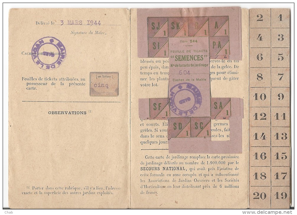 PAS COURANT - RATIONNEMENT - CARTE DE JARDINAGE ET TICKETS DE SEMENCES - LE VIGAN - WW2 - GUERRE 1939 1945 - Documents