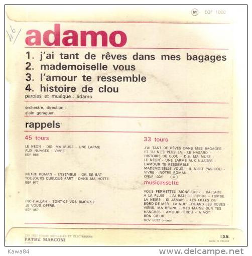 EP 45 RPM (7")  Adamo  "  J'ai Tant De Rêves Dans Mes Bagages  " - Other - French Music