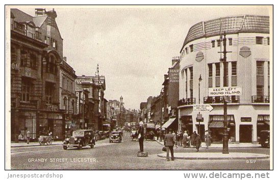 BLACK & WHITE POSTCARD - GRANBY STREET - LEICESTER - Valentines G517 - Cars - Policeman - Leicester