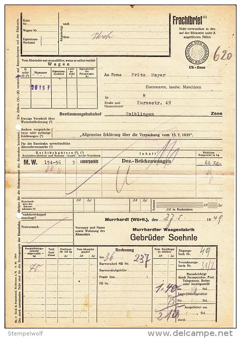 Frachtbrief, Deutsche Reichsbahn, Murrhardt Ueber Plochingen Nach Waiblingen 1949 (40714) - Lettres & Documents