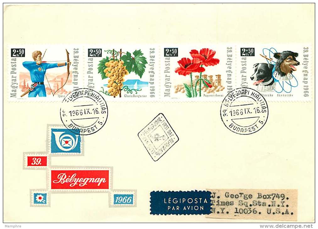 1966  Journée Du Timbre : Archer, Raisins, Fleurs, Chiens Dans L'espace Bande De 4 MiNr 2271-4A - FDC