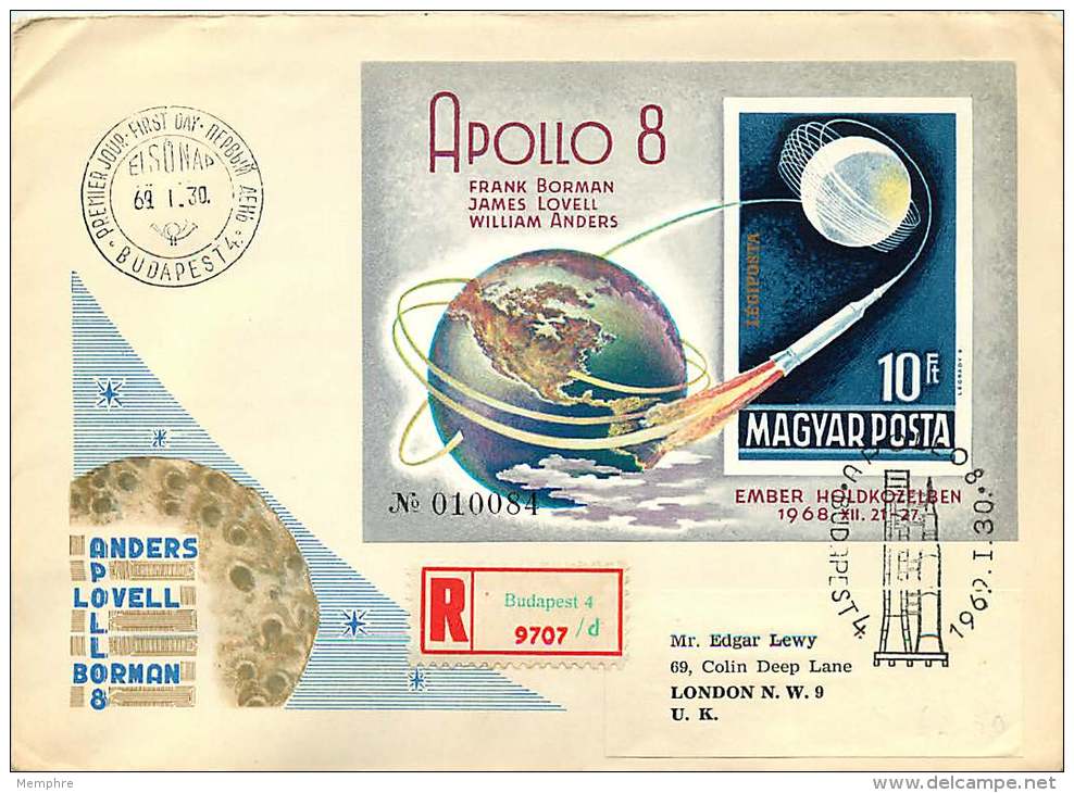 1969  Vol Vers Al Lune Apollo 8 Bloc Feuillet Non Dentelé  MiNr Block 68B - FDC