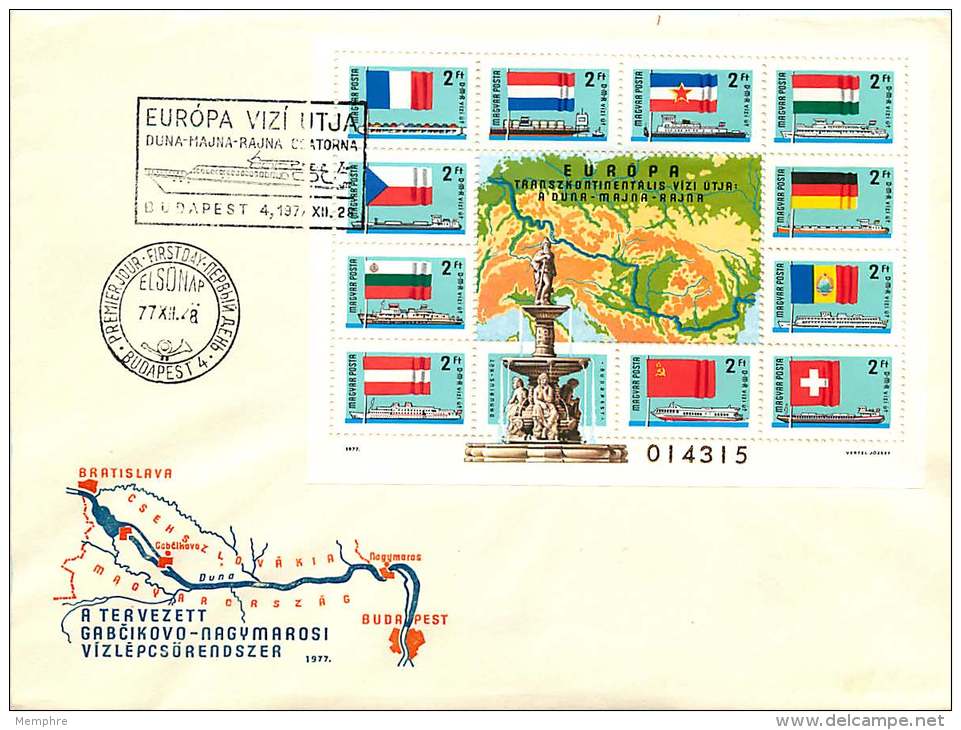 1977   Navigation Danube - Main - Rhin Carte, Drapeaux Bloc-feuillet MiNr Block 128A - FDC