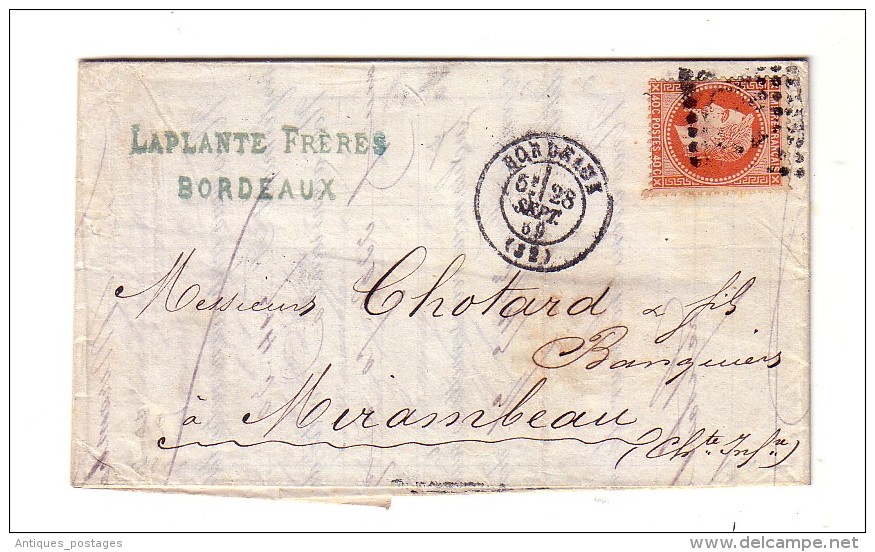 LSC Napoléon III  40c Laplante Frères Bordeaux Gironde Chotard Mirambeau Charente-Maritime Chotard Banque Banquier 1869 - 1863-1870 Napoleon III Gelauwerd