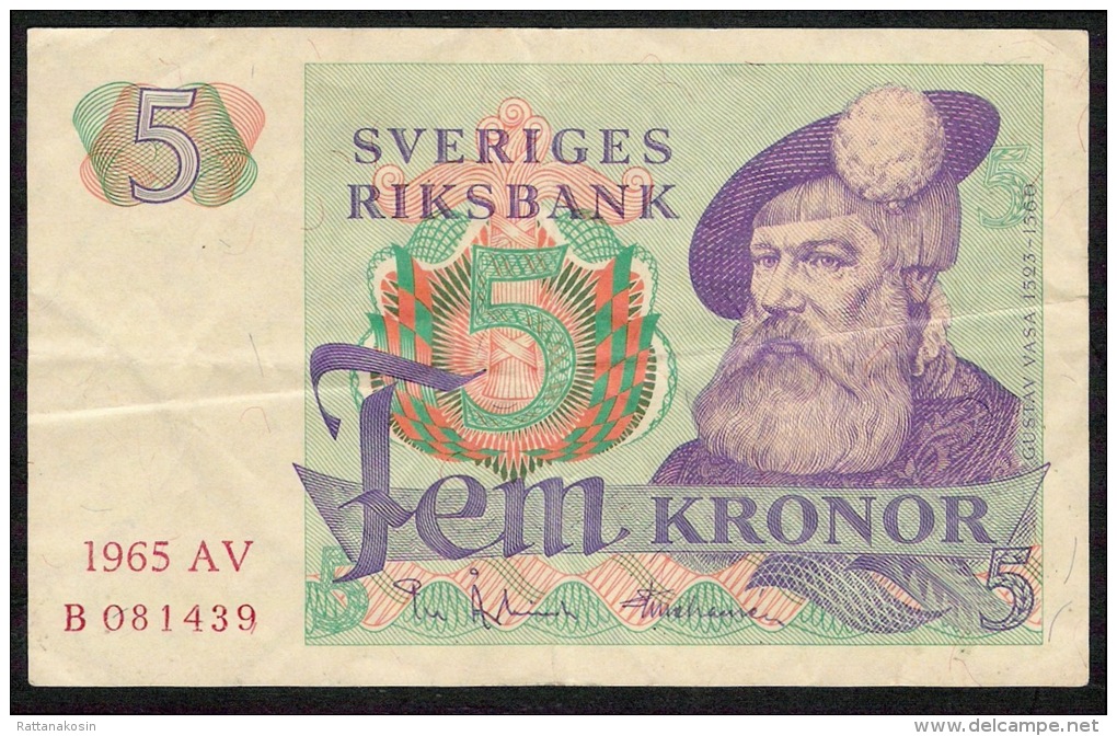 SWEDEN  P51a  5  KRONOR 1965 #AV  FIRST DATE   VF  Few Folds NO P.h. - Svezia