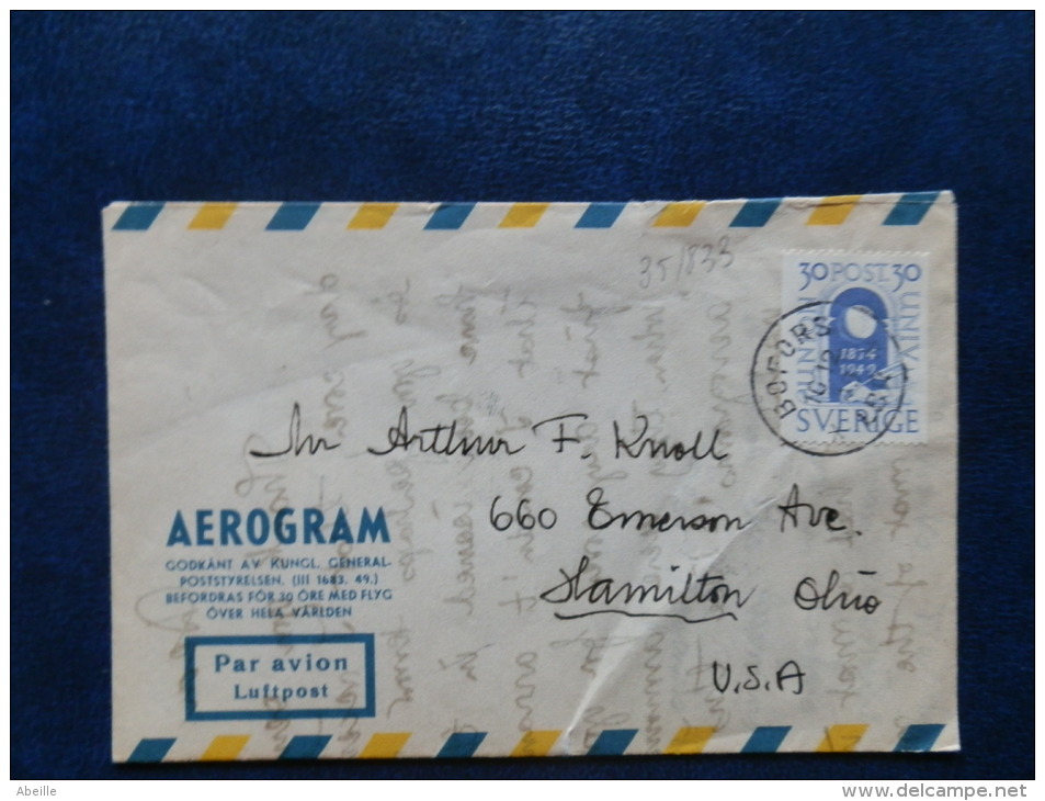 35/833  AEROGRAM  1949 POUR  USA - Lettres & Documents