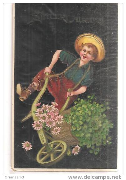 80574) Cartolina Di  Auguri Raffigurante Un Bambino Che Spinge Una Cariola Cantando - Stampa In Rilievo - Humorous Cards