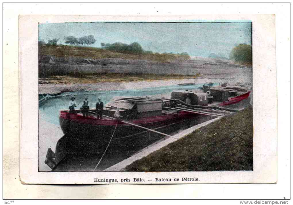 Huningue Peniche Bateau De Petrole Petrolier En Chargement A Quai Du Canal Pres Bale Dos 1900 - Huningue