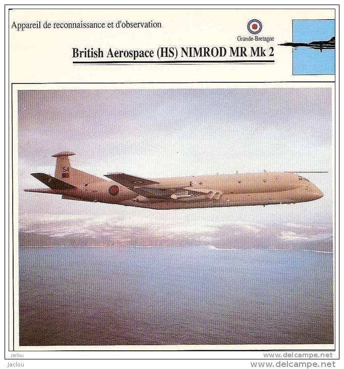 AVIATION FICHE TECHNIQUE APPAREIL DE  RECONNAISSANCE BRITISH AEROSPACE (HS) NIMROD MR MK2 GRANDE BRETAGNE REF 12061 - Airplanes