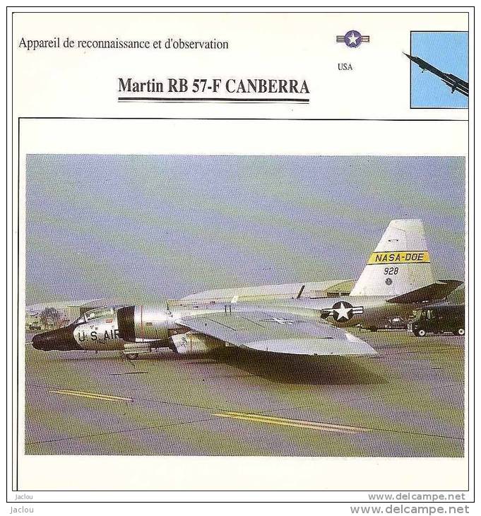 AVIATION FICHE TECHNIQUE APPAREIL DE RECONNAISSANCE MARTIN RB 57-F CANBERRA U.S.A REF 12062 - Avions