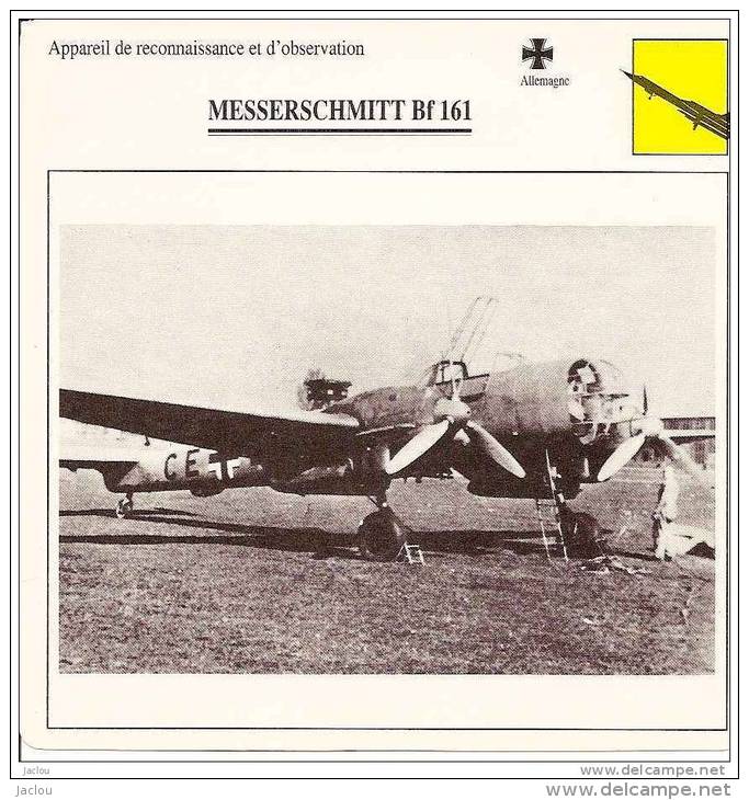 AVIATION FICHE TECHNIQUE APPAREIL DE RECONNAISSANCE MESSERSCHMITT BF 161 ALLEMAGNE REF 12063 - Aviones