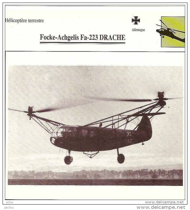 AVIATION FICHE TECHNIQUE HELICOPTERE TERRESTRE FOCKE .ACHGELIS FA.223 DRACHE ALLEMAGNE REF 12065 - Airplanes