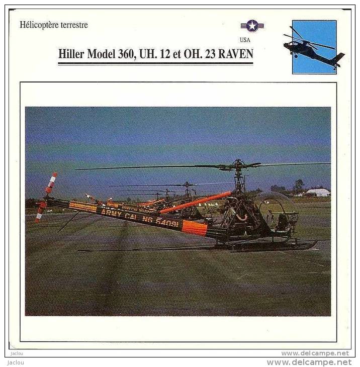 AVIATION FICHE TECHNIQUE HELICOPTERE HILLER MODEL 360 ,UH.12 ET OH.23 RAVEN U.S.A REF 12073 - Airplanes