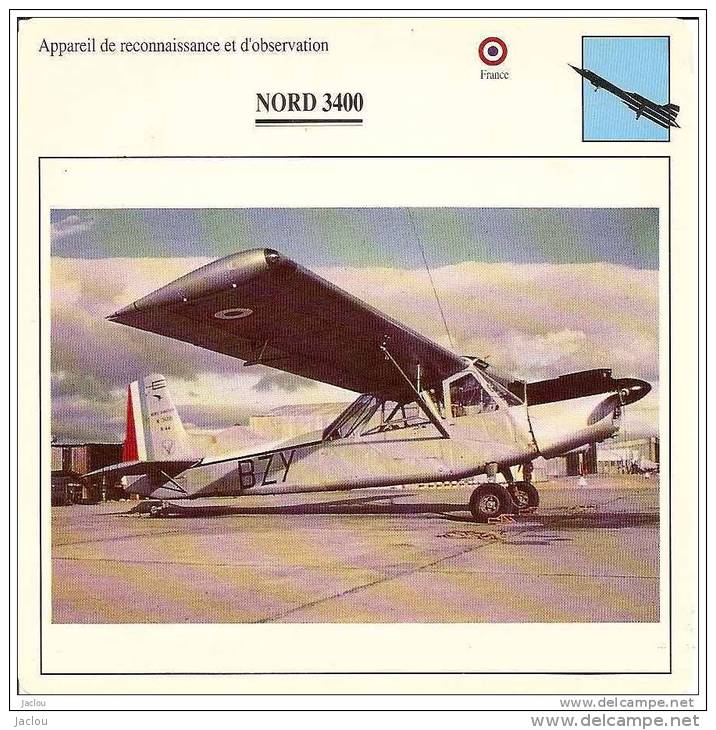 AVIATION FICHE TECHNIQUE APPAREIL DE RECONNAISSANCE NORD 3400 FRANCE REF 12085 - Airplanes