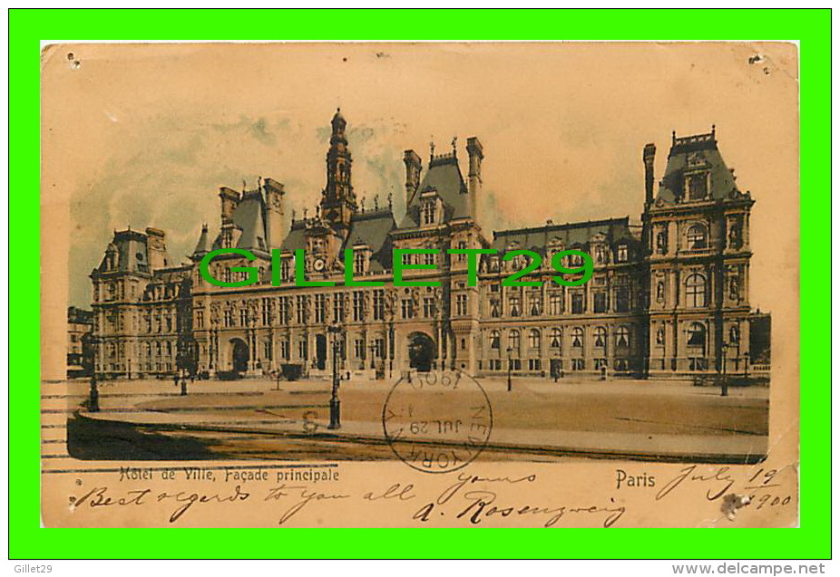 PARIS(75) - HÔTEL DE VILLE, FAÇADE PRINCIPALE - CIRCULÉE EN 1900 - DOS NON DIVISÉ - - Other Monuments