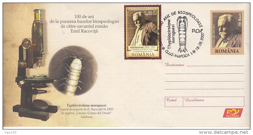 EMIL RACOVITA, EXPLORER, MICROSCOP, CAVE INSECT, COVER STATIONERY, ENTIER POSTAL, 2007, ROMANIA - Explorateurs