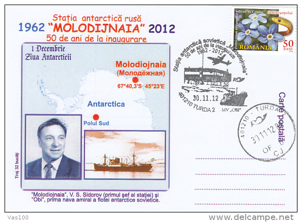 ANTARKTIK EXPLORER, MOLODIJNAIA BASE, PLANES, SHIP, CM, MAXICARD, CARTES MAXIMUM, 2012, ROMANIA - Explorers