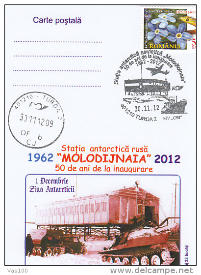 ANTARKTIK EXPLORER, MOLODIJNAIA BASE, PLANE, SHIP, CM, MAXICARD, CARTES MAXIMUM, 2012, ROMANIA - Forschungsstationen & Arctic Driftstationen