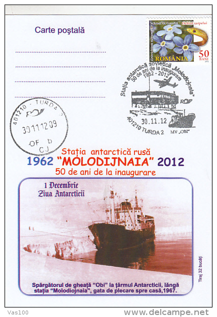 ANTARKTIK EXPLORER, MOLODIJNAIA BASE, PLANE, SHIP, CM, MAXICARD, CARTES MAXIMUM, 2012, ROMANIA - Explorers