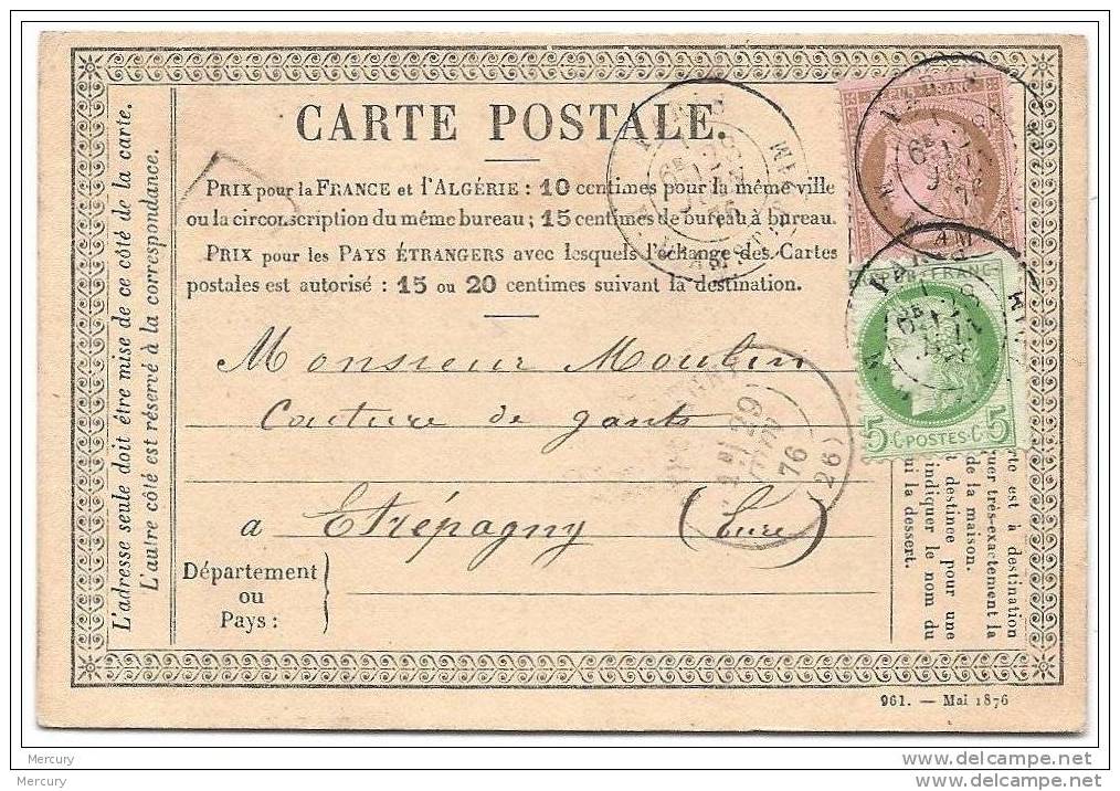 Carte Postale De Mai 1876 Avec Deux Timbres TTB Oblitéré De Paris Le 28 Juin 76 - 1870 Siege Of Paris