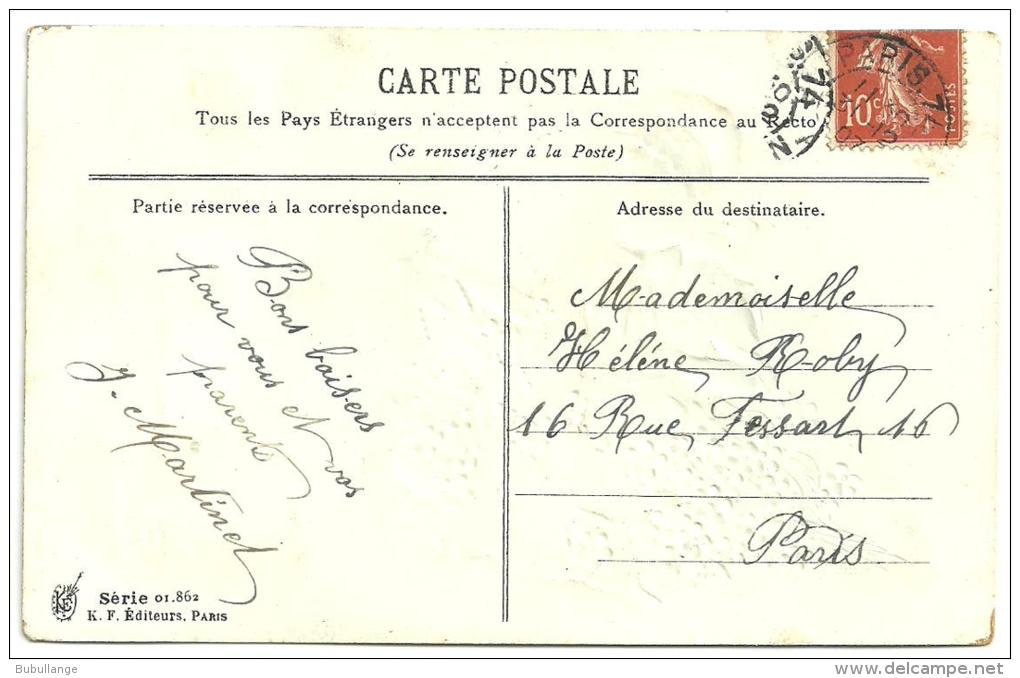 CPA Gaufrée "bonne Année" 1908 Illustration Petite Fille Costume Coiffe Fleurs, Ajoutis De Brillants, Paillettes - New Year