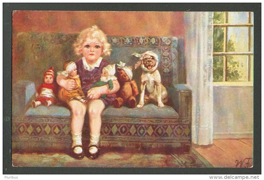 LITTLE  GIRL  WITH   ILL  DOLL  TEDDY  BEAR  DOG , FIALKOWSKA  , OLD POSTCARD, O - Tarjetas Humorísticas