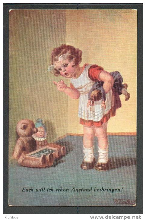 LITTLE  GIRL  WITH  TEDDY  BEAR  , DOLL  BY  FIALKOWSKA , OLD POSTCARD, O - Fialkowska, Wally