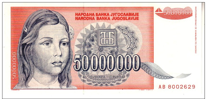 Yugoslavia P.123 50000000 Dinar 1993 Unc - Yugoslavia