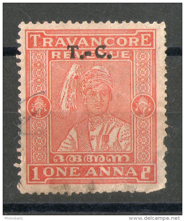 India Fiscal Travancore State 1An King O/P T. C. Type 45 KM 501 Revenue Stamp # 4058B Inde Indien - Travancore-Cochin