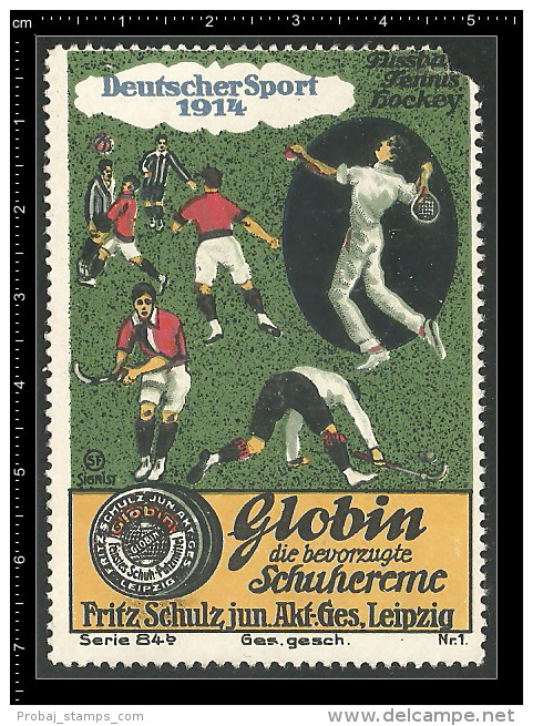 Old Original German Poster Stamp (cinderella,reklamemarke)  Globin Creme For Shoes - Sport Tennis Hockey - Tennis