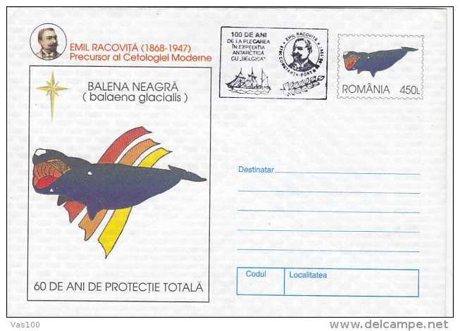 EMIL RACOVITA, EXPLORERS, SHIPS, WHALES, 4X COVERS STATIONERY, ENTIER POSTAL, 1997, ROMANIA - Explorateurs