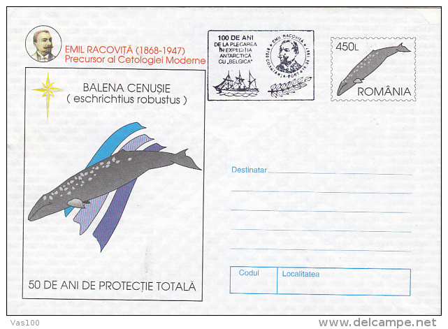EMIL RACOVITA, EXPLORERS, SHIPS, WHALES, 4X COVERS STATIONERY, ENTIER POSTAL, 1997, ROMANIA - Explorateurs