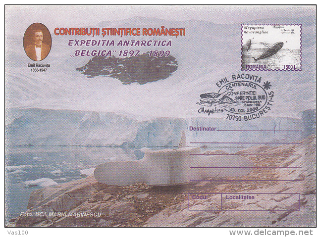 EMIL RACOVITA, EXPLORERS, BELGICA MISSION, SHIPS, WHALES, COVER STATIONERY, ENTIER POSTAL, 2000, ROMANIA - Explorateurs