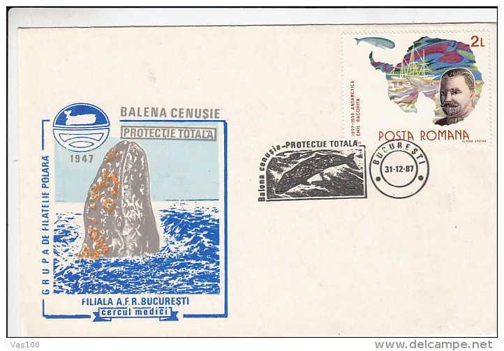 GREY WHALES,  EMIL RACOVITA- EXPLORER, SHIPS, SPECIAL COVER, 1987, ROMANIA - Baleines