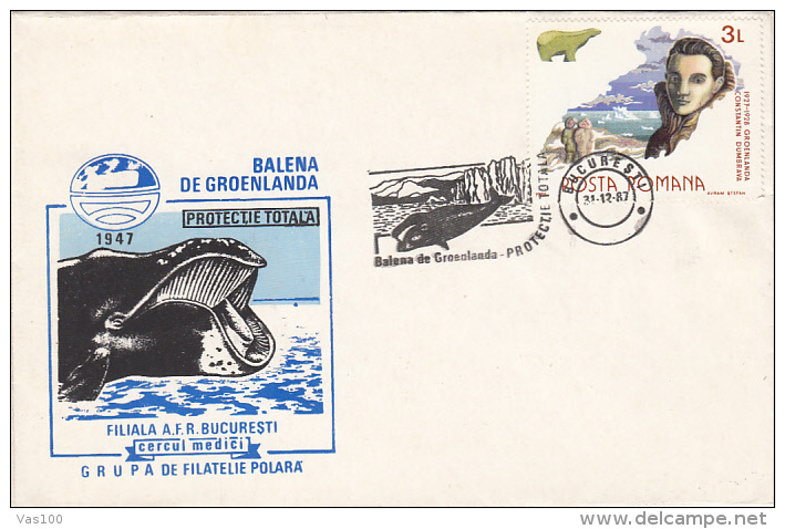 GROENLAND WHALES,  EXPLORER, POLAR BEAR, ESKIMOES, SPECIAL COVER, 1987, ROMANIA - Baleines