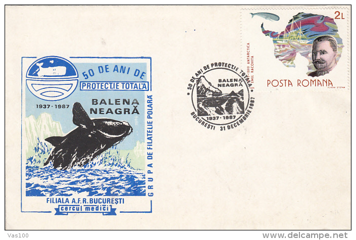 BLACK WHALES,  EXPLORER, SHIP, SPECIAL COVER, 1987, ROMANIA - Baleines