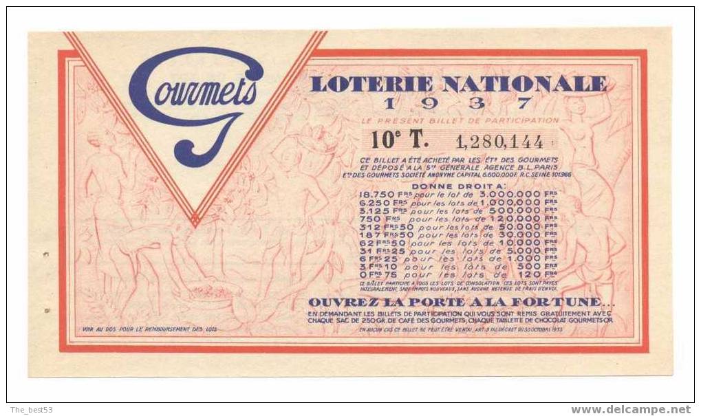 Billet De La Loterie Nationale De  1937    -  Les Gourmets  -  10 ème  Tranche - Billetes De Lotería