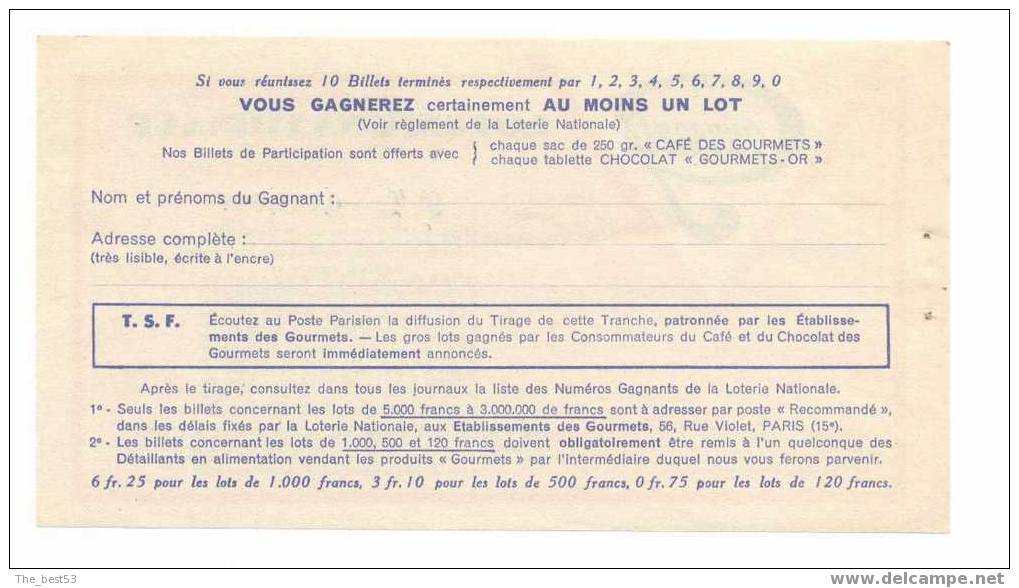 Billet De La Loterie Nationale De  1937    -  Les Gourmets  -  10 ème  Tranche - Billetes De Lotería