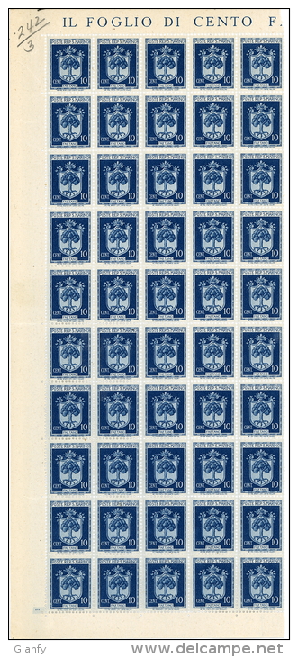 SAN MARINO STEMMI 10 CENTESIMI 1945 BLOCCO DI FOGLIO 50 VALORI MNH** - Blocs-feuillets