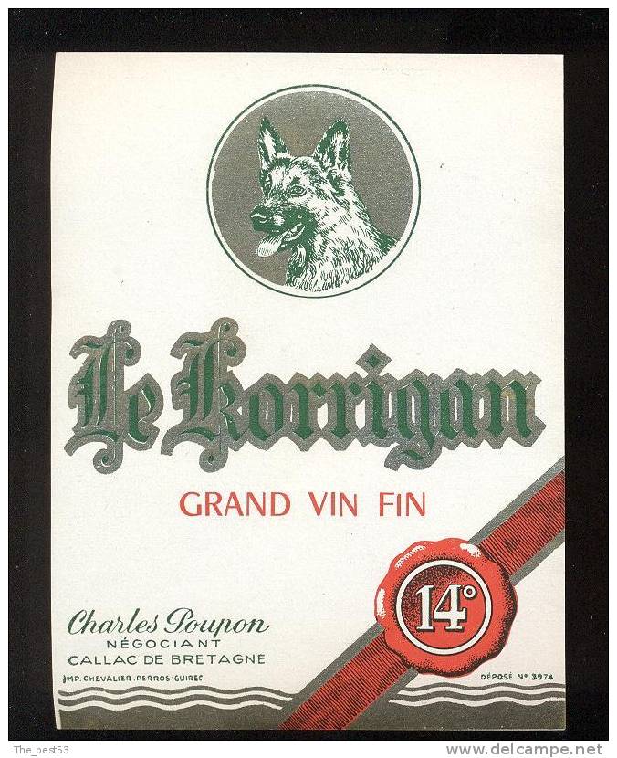 Etiquette De Vin De Table  -   Le Korrigan -  Ch. Poupon à Callac De Bretagne (22)  -  Thème Chien - Perros