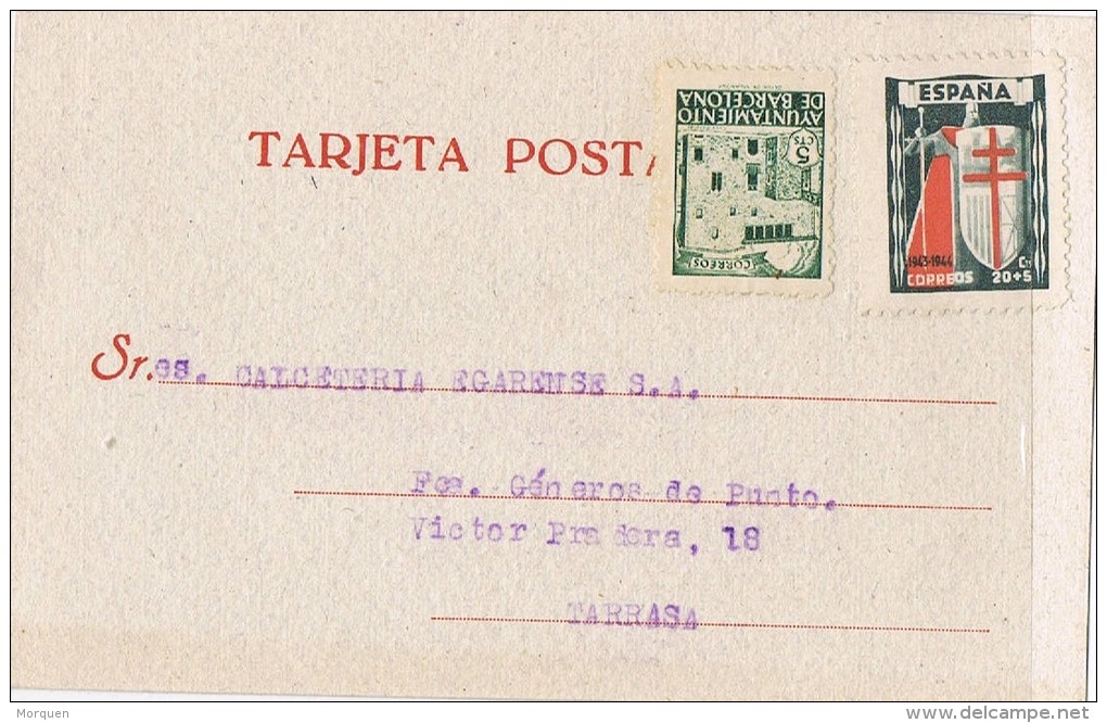 4269. Tarjeta Privada Barcelona 1944. Franqueo Sin Matasellar - Barcelona